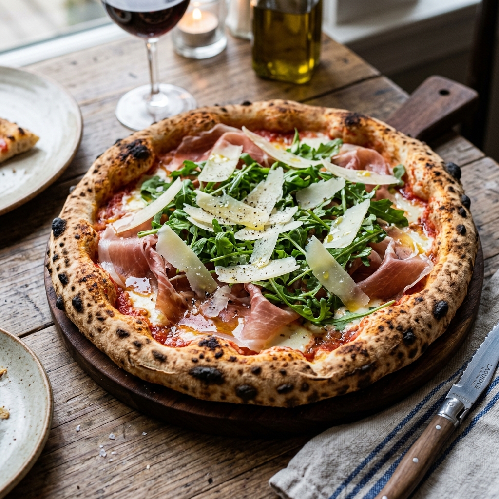 Pizza especial con jamón de Parma, rúcula y parmesano